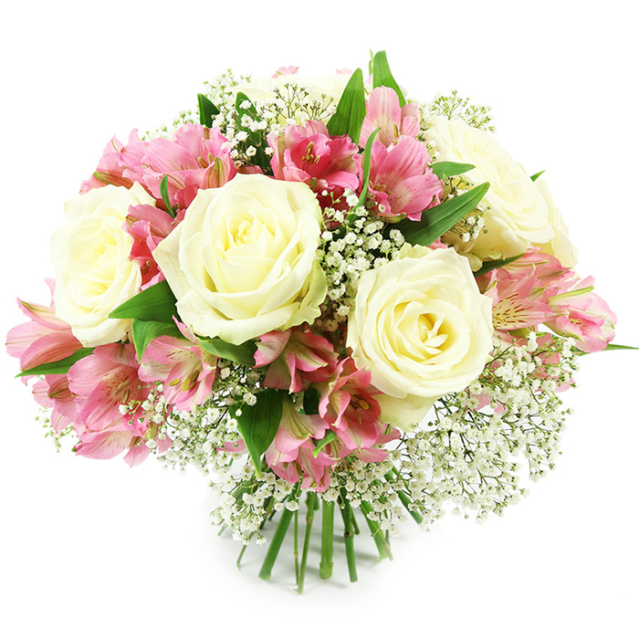 A lush, full bouquet of white roses, pink alstroemeria, and dainty baby's breath appears centred against a clear white background, its rounded shape carefully balanced to showcase every bloom. The main focus is on several large, creamy white roses placed throughout the top and middle of the design, each one fully open, with tightly layered petals that curl gently at the edges and reveal a subtle buttery glow at the core. Nestled among these classic roses are numerous stems of alstroemeria in lively shades of pink, from soft blush at the outer petals to deeper fuchsia in the throat of each flower, where fine maroon stripes and speckles add intricate, almost painterly detail. Delicate Gypsophila, or baby's breath, has been threaded through the arrangement in generous clusters, creating a cloud-like mist of tiny white flowers that fills gaps, softens lines, and gives the entire piece an airy, romantic character. Fresh green leaves from the roses and alstroemeria break through between the blooms, adding contrast and a sense of natural movement, like foliage glimpsed along Canonbury's quiet residential streets and gardens near New River Walk. The stems are clearly visible at the base: straight, green, and neatly trimmed, gathered tightly together as a traditional hand-tied bouquet ready for a vase or to be presented as a gift. The lighting is bright and even, highlighting velvety petal textures and the crisp whiteness of the background, which allows the colours to stand out purely. This arrangement feels refined yet welcoming, suitable for birthdays, anniversaries, or simply to brighten a home near Canonbury, Barnsbury, or Angel with a fresh, elegant gesture of love and appreciation, available for prompt local delivery.