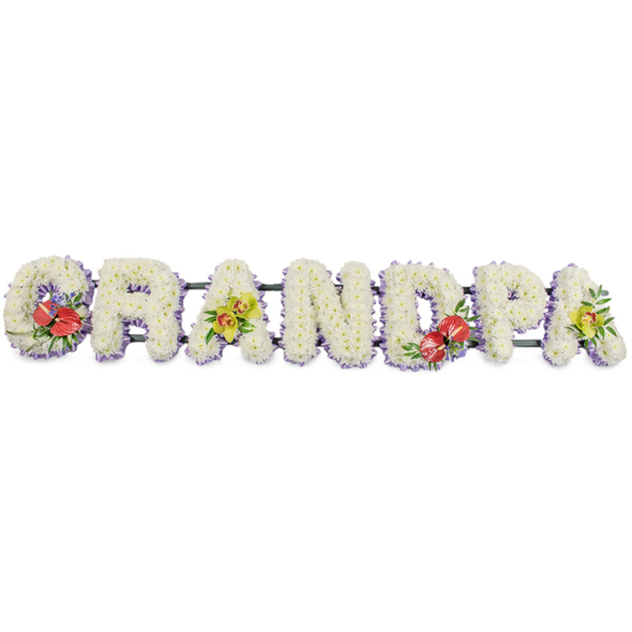 This photograph presents a striking floral funeral tribute spelling out GRANDPA in bold, block capitals, spanning horizontally across the frame on a plain white background. Each letter appears thick and substantial, completely covered with tight clusters of small white chrysanthemums that form a soft, cushion-like texture, reminiscent of freshly fallen snow or a folded linen quilt. The uniform white blooms speak of peace, remembrance, and a gentle farewell. Just visible along the lower edge of each letter is a trim of pale lavender ribbon, a delicate border that adds definition and a hint of colour, like a soft shadow outlining the shapes. A darker green structure runs behind the letters, holding them in a perfectly straight line and suggesting the strength and care behind the design. To introduce warmth and individuality, several letters carry thoughtfully placed sprays: the 'G' and the 'D' are dressed with rich clusters of deep red anthuriums, their glossy, heart-shaped spathes and prominent yellow spadices contrasted with dark green leaves and a few small filler blooms. The first 'A' and the final 'A' are adorned with sprays of yellow-green orchids, their slender petals and central markings adding an air of elegance and quiet sophistication. These touches of red and green lift the tribute from simple white to something deeply personal, symbolising cherished memories and enduring affection for a grandfather. It is the kind of bespoke piece a local Canonbury florist might create for a funeral at a nearby church or a graveside gathering, offering a serene, beautifully crafted expression of love and respect.