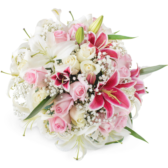A rich, rounded bouquet of lilies and roses is captured in high detail against an immaculate white background, the kind of carefully composed floral design that might be created in a Canonbury studio for an important celebration. Dominating the arrangement are several large white lilies, their trumpet-shaped blooms fully open and gently arched, each petal smooth and slightly ruffled at the edges, revealing pale green centres and tidy stamens that give a sense of poised elegance. Wrapped closely around them are numerous blush pink roses and cream roses, some still in tight buds, others partially or fully open, with layers of velvety petals that feel both romantic and timeless. For contrast, vivid fuchsia Oriental lilies, likely Stargazers, punctuate the bouquet with bursts of deep pink, their wide petals flecked with darker spots and tipped with vibrant yellow stamens that catch the eye immediately. The spaces between these larger blooms are filled with fine sprays of white baby's breath, or gypsophila, whose tiny clustered blossoms create a soft, cloud-like effect that lightens the dense composition. Slender green leaves and stems are visible just beneath the surface, adding hints of fresh foliage that ground the otherwise petal-rich design. Bright, even lighting highlights the subtle variation in petal tones, from pure white to gentle blush and rich magenta, while casting minimal shadows so that every detail remains clear and luminous. This bouquet feels suited to romantic anniversaries, wedding celebrations in Canonbury's elegant townhouses, or thoughtful congratulations deliveries across nearby Highbury and De Beauvoir, conveying gratitude, admiration, and affection through its carefully balanced palette and lush, handcrafted structure.