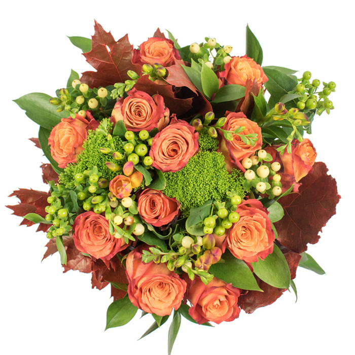 This top-down photograph captures a richly textured, circular autumn arrangement composed with an experienced florist's eye. At its heart are numerous large roses, each bloom unfurling from a soft, warm peach core into deeper coral and orange tones, their outer petals often edged with a muted rust that gives the impression of leaves turning in late autumn. Intermingled with these luminous roses are clusters of Hypericum berries in two complementary tones-vivid lime-green that enlivens the scene, and pale, creamy-yellow that introduces a softer counterpoint-each berry reflecting light with a subtle glossy sheen. The bouquet is punctuated by several mounds of Green Trick dianthus, their compact, velvety appearance akin to miniature moss clumps offering dense, tactile contrast to the roses' silky petals. Large, lobed foliage in deep burgundy and mahogany is strategically placed to reinforce the seasonal theme and to add a rustic, grounding weight to the composition; these leaves recall walks through Canonbury and nearby Newington Green when the trees begin to show autumn colour. Fresh green leaves of varying shapes and textures fill and frame the arrangement, lending volume and a sense of natural abundance. Bathed in soft, even light, the flowers cast gentle shadows that reveal the bouquet's layered construction and the florist's careful placement of colour and form. The overall mood is warm, celebratory and comforting-an ideal seasonal centrepiece for a family gathering, Thanksgiving table, or as a thoughtful autumn gift to bring a little Canonbury warmth into someone's home.