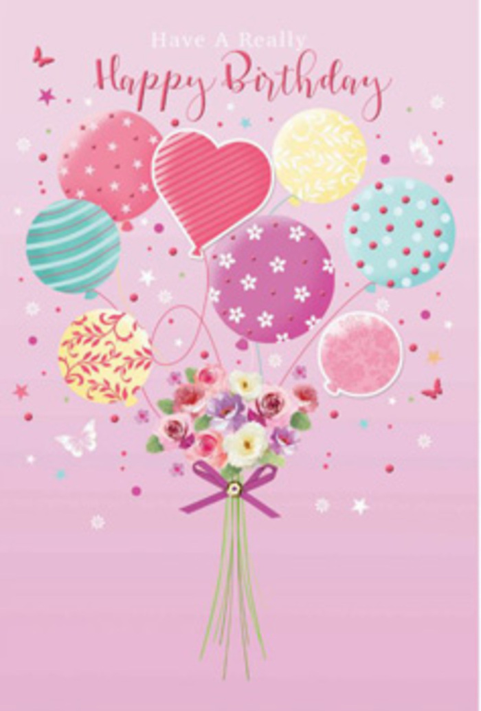 Pastel birthday card illustration depicting a floating celebration of balloons and flowers, rendered with the kind of quiet sophistication that suits Canonbury's leafy streets. A wash of soft pink sets the backdrop, like the sky at the end of a spring afternoon. From the base of the design, a dainty bouquet rises upward, its stems seemingly tethered to a cluster of airy balloons. The bouquet is composed of petite roses and little daisy-like blooms, each petal gently shaded from cream through blush pink to warm rose and soft mauve, giving the impression of natural light touching each bloom in turn. Their texture appears velvety and full, suggesting the freshness of flowers just arranged in a Canonbury Flowers studio not far from the New River Walk. Above, the balloons float in a loose, joyful bouquet of their own, painted in pastel tones of pale sunshine yellow, rosy fuchsia, teal, and lavender. Some balloons shimmer with swirling ribbons of colour; others are dotted or patterned with tiny blossoms, while a central heart-shaped balloon adds an unmistakably affectionate note. Fine highlights along their curved surfaces make them appear glossy and weightless. Between balloons and flowers, delicate butterflies hover and small stars sparkle, as if capturing the magic of a birthday spent in one of Islington's hidden gardens. A neatly tied purple ribbon secures the stems at the base, its satin texture contrasting gently with the softness of the petals. Overall, the composition feels like a tender, uplifting birthday wish, thoughtfully shaped by a local Canonbury florist who understands how to express joy through colour, pattern, and bloom.