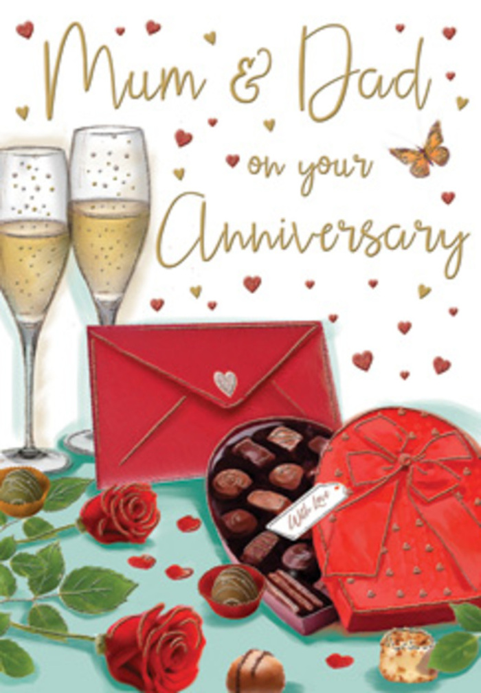 Anniversary card design that unfolds like a romantic still life set just off Canonbury Road, drawing the eye into a world of celebration and gratitude. At the centre, two slender champagne glasses rise close together, filled with sparkling golden wine whose bubbles seem frozen mid-dance, ready for a toast shared by a long-married couple. In front of them, a heart-shaped chocolate box in rich, velvety red dominates the foreground, its lid propped open to reveal assorted chocolates, each piece nestled in its own little cradle like tiny treasures. A lavish red bow sweeps across the lid, its loops and tails soft and satin-like, echoing the ribbon we might tie around a special anniversary bouquet at Canonbury Flowers. To one side, two deep red roses rest on a bed of glossy foliage, their petals layered and plush, as if freshly snipped from a premium stem chosen in the early morning markets. Scattered chocolates and petite hearts in gold and crimson spill gently around the composition, adding playful movement and a sense of abundance. Behind the arrangement, subtle strokes of warm colour give the card a soft, glowing backdrop, while a hand-lettered message to Mum & Dad anchors the design in family affection. A bright scarlet envelope, sealed with care, lies on the table, hinting at lovingly written words that speak of shared memories from Canonbury to nearby Islington streets. The entire image radiates a cosy, candlelit atmosphere, conjuring the clink of glasses, the soft rustle of ribbon, and the enduring sweetness of a life spent side by side.