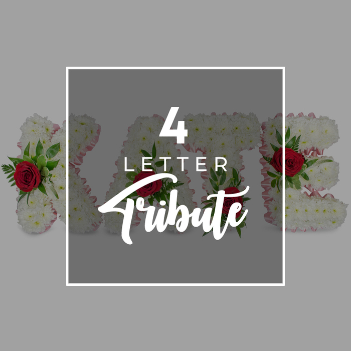 A refined graphic-style photograph focuses on a bespoke four-letter funeral letter tribute, the kind of personalised arrangement often chosen by families in Canonbury to honour someone close. The floral letters are laid out horizontally, partially hidden behind a central design element, yet still clearly recognisable as four distinct shapes like those in the name KATE. Each letter is built entirely from a dense carpet of white chrysanthemums, their small, rounded blooms touching petal to petal so there are no gaps, creating an even, snowy texture. Running just along the sides is a delicate edging of soft pink ribbon, almost like the hem of a garment, adding a gentle warmth to the design without distracting from the purity of the white. Set into the chrysanthemums are clusters of velvety red roses, their centres spiralling outward in rich layers, framed by sprigs of fresh green foliage that add depth and structure. These accents of red and green stand out vividly, offering both visual contrast and a symbolic note of enduring love and respect. In the centre of the image, covering the middle of the letters, lies a square dark grey panel with a slight transparency, outlined by a bright white border. On this overlay, bold white text reads 4 LETTER in a clear, modern font above the word Tribute written in a flowing script, the large number 4 drawing the viewer's gaze first. Through the tinted square, hints of roses, leaves, and chrysanthemum texture remain visible, gently reinforcing the connection between the wording and the floral work beneath. The background outside the white frame is a simple, pale grey, free from clutter so the tribute stays the main focus. The overall impression is of a dignified, carefully crafted custom letter arrangement, suitable for funeral corteges, crematorium services, or graveside tributes around Canonbury and the surrounding north London neighbourhoods.