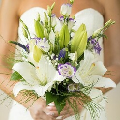 This wedding bouquet-brought to life in Canonbury and perfect for sophisticated North London celebrations-unfolds like a love letter in flowers. At its center, generous white Oriental lilies blossom with a delicate fragrance, their ivory petals illuminated in gentle late morning light. Interwoven are pristine lisianthus, each bloom outlined with whimsical lavender-purple that gently catches the eye, surrounded by unopened buds suggesting hopeful beginnings. Small, spiky violet sprigs-likely Veronica-bring depth and a touch of wild meadow, reminiscent of walks beside the New River Path. Fluttering clouds of gypsophila add delicate lightness, balancing the bouquet's palette and texture. Encircling the composition is a tapestry of green: bold lily leaves, tender unopened buds, and trails of asparagus fern, creating a sense of organic flow and movement. The bride's hands, perfectly manicured and softly luminous, rest at the bouquet's base, contrasting with the gleaming white of her wedding dress glimpsed in the background. The entire arrangement feels carefully gathered yet naturally abundant, capturing understated luxury and nostalgia-ideal for Canonbury's charming weddings. Every detail reflects a florist's skill, offering freshness and local character, and is available for delivery throughout Islington's leafy avenues.