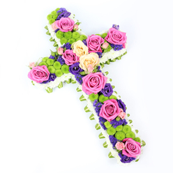 A cross-shaped floral tribute fills the frame, presented on a spotless white background that makes every colour and texture glow. The cross is viewed slightly from above, at a gentle diagonal, giving it a three-dimensional presence as if it's been carefully laid out on a table in a Canonbury chapel or home. Along the outer edge, a dense collar of white spray chrysanthemums creates a pristine, foamy border, each tiny bloom pressed closely together for a neat, sculpted outline. Just beyond this snow-white fringe, a soft band of light green satin or folded foliage forms a slim, even halo, adding refinement and a whisper of springlike freshness. Inside this frame, the cross is richly packed with flowers: generous roses in vibrant fuchsia pink and soft, buttery cream are placed in clusters along the vertical and horizontal arms, like gentle pauses of beauty and remembrance. Between them, bright lime-green button chrysanthemums dot the surface, their rounded, bead-like forms giving playful texture, yet still remaining appropriate for a funeral or sympathy setting. Curving through the spaces, smaller blossoms in deep purple and velvety violet, such as lisianthus or statice, bring depth and a sense of quiet dignity, much like the shaded corners of Canonbury's tree-lined streets. The blooms are arranged so tightly that no base is visible, suggesting great care and fresh, premium flowers, as you would expect from a local florist preparing a tribute for delivery to a nearby church or crematorium. The overall mood is peaceful yet hopeful, with the pinks, purples, greens, and whites working together to honour a loved one's faith and celebrate cherished memories.