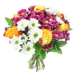 This image shows a vibrant mixed bouquet set against a spotless white backdrop, a classic studio style that throws every bloom into sharp relief. The arrangement forms a generous dome, densely packed so the viewer sees an almost continuous carpet of petals and leaves. Dominating the composition are open roses flushed with warm bi-colour tones: their centres glow with golden yellow, gradually bleeding into rich orange, with the faintest hint of red at the outer petals, as if touched by the evening light along the New River Walk. Interspersed between these roses are fresh white daisy chrysanthemums, their clean, narrow petals radiating around vivid lime-green centres that add a lively pop to the palette. Deep magenta and fuchsia chrysanthemums bring a contrasting depth of colour, each small head made up of many delicate petals, creating rounded forms that look soft and inviting, finished with tiny yellow-green cores that harmonise with the daisies. Punctuating the flowers, lance-shaped dark green foliage arches in and out of view, giving the design structure and a subtle, natural rhythm. Below the flourish of blooms, the stems are tightly bound, fanning slightly where they have been freshly cut, suggesting a bouquet that has just been arranged for delivery nearby. The even lighting enhances the glossy greens and the almost velvety texture of the petals, while the white background keeps the focus on the arrangement itself. The overall impression is one of cheerful sophistication, a bouquet perfectly suited to mark new chapters-a move into a Canonbury townhouse, a small anniversary celebration near Essex Road, or a thoughtful gesture sent to a friend who loves bold, uplifting colour combinations.