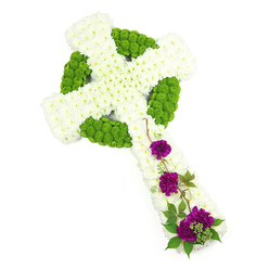 Set against a spotless white studio backdrop, this floral Celtic cross emerges as a serene and dignified tribute, carefully crafted for a farewell filled with respect and gentle beauty. The cross itself is fully covered with hundreds of crisp white chrysanthemums, their small, rounded heads arranged so tightly that they create a plush, cushion-like texture along the horizontal and vertical arms. Nestled into this snowy canvas is a distinctive pattern of lime-green button chrysanthemums, forming the characteristic ring of the Celtic cross and weaving in and out in knot-like bands that suggest continuity, eternity and the intertwining of lives. The green blooms are fresh, bright and slightly raised, catching the light and adding sculptural definition. Along the lower section of the cross, three generous groupings of deep purple and magenta carnations provide a poignant splash of colour, their layered petals rich and velvety against the white and green. Fine strands of greenery and trailing tendrils wind diagonally across this area, as if the flowers have gently climbed into place, lending the arrangement a natural, almost woodland softness you might associate with the quiet corners of Canonbury's garden squares and nearby New River Walk. The whole piece is photographed in clear, even light, highlighting the care in each placement and the freshness of every flower. This floral cross feels both traditional and contemporary, a meaningful sympathy tribute for a church or crematorium service around Canonbury, offering families a way to express faith, remembrance and love through a carefully considered, handcrafted design.