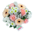 This bouquet is a celebration of Canonbury's gentle elegance, composed by florists who understand the value of comfort and grace in every petal. In the center, soft blush-pink roses unfold with serene beauty, their fragrant spirals conjuring memories of tranquil paths near Canonbury Grove. Around them, peach and creamy Gerberas add a cheerful vibrancy, each one defined by a dark, dramatic eye that hints at the rustic charm of the borough's hidden gardens. Delicate fronds of baby's breath weave a cloud-like halo through the arrangement, creating a feeling of airiness and lightness beneath soft, indirect daylight. Tucked between these highlights, white spray chrysanthemums and miniature pom-poms bring both fullness and a playful texture, some crowned with vivid lime-green centers that catch the eye and lift the spirit. Anchoring the bouquet is a base of glossy green foliage-eucalyptus or salal-evoking the lush plantings seen along local walkways. In the lower corner, a petite rectangular tag in white spells out Happy Flowers with joyful strokes of green and pink, infusing the bouquet with a touch of whimsy. This arrangement is perfect for moments of heartfelt giving-whether brightening a friend's birthday in Canonbury, offering thanks after a local performance, or providing solace with a tender, artful touch. Every element, from hue to texture, reflects the skilled hands and thoughtful hearts of Canonbury's own floral artisans, transforming ordinary days with extraordinary beauty.