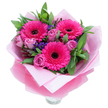 A lively handheld bouquet arranged with a joyful, spring-like energy: three fuchsia Gerbera daisies command the centre, their wide, sculpted petals radiating a hot-pink hue while deep brown-black centres form a striking, graphic contrast. Around them, several roses in a soft lavender-pink-dusty rose in tone-unfurl with tightly curled inner petals that catch the light like satin. Scattered between the larger blooms are small clusters of purple-blue statice or limonium, their papery texture and tiny rounded florets adding an airy, wildflower note and a cool counterpoint to the dominant pinks. The foliage is generous and glossy, leafy greens that read like salal or eucalyptus, their matte and slightly waxy surfaces framing the flowers and giving the bouquet a grounded, garden-fresh silhouette. The stems are presented as if ready to sit in water; the top rim of a clear glass vase peeks from below, suggesting immediate display. The arrangement is wrapped for gifting in an inner layer of soft pale pink tissue that cushions the blooms, and an outer sheet of translucent, slightly crinkled fuchsia-pink cellophane that lends a subtle shimmer and reinforces the pink palette; the folds are neat and intentional, the wrapping held to suggest careful florist craft. In soft morning or window light the colours read warm and celebratory, with a faint, clean scent of roses and a green, almost vegetable freshness from the gerberas and foliage. Ideal for birthdays, anniversaries or a thoughtful 'just because' surprise, this bouquet would travel well for delivery across Canonbury and nearby Islington streets, carrying a bright, affectionate message to the recipient.