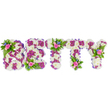 A handcrafted memorial spelling the name BETTY in bold, three-dimensional capital letters, photographed against a clean white background so every petal reads clearly. Each block letter is built from a dense cushion of creamy-white chrysanthemum heads, their soft, velvety textures creating a calm, cloud-like field. Within and around these white foundations a contrasting band of vivid magenta-purple chrysanthemums traces inner contours and decorative patterns, giving each letter definition and a solemnly elegant rhythm. The vertical and curved edges are finished with a subtle purple ribbon that lifts the composition with a neat, satin shadow. Nestled atop the B, balanced on the crossbar of the first T, and crowning the arm of the Y are delicate clustered sprays: soft pale-pink roses in mixed stages from tight bud to half-open bloom, interwoven with tiny bright blue accent flowers - likely delphinium or cornflower - and feathery fern fronds and glossy foliage that add a fresh, garden-like softness. The scent would be quiet and floral, the white chrysanthemums offering a powdery note while the pink roses bring a gentle sweetness. This arrangement reads as a personal, carefully composed tribute suitable for a funeral, wake, or celebration of life, conveying reverence, tender remembrance, and a peaceful dignity. As a florist from Canonbury I picture this piece delivered with care to a local chapel or community hall near Canonbury Square, where the colours and textures would sit softly beside hymn sheets and family photographs, offering comfort through considered floral craft and a clear, heartfelt name in bloom.