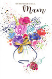 This Mother's Day card illustration radiates the joy of a freshly gathered spring bouquet, translated into watercolour and shimmering accents that feel right at home in Canonbury's leafy streets. A lively cluster of blossoms bursts from a softly painted vase, its curved base finished with an elegant golden bow reminiscent of the ribbon tied around a hand-arranged gift. The flowers themselves are a spirited mix: lush purples melting into playful pinks, rich cerise reds, soothing blues, and warm apricot tones, all edged or deepened by inky indigo lines that mimic the confident hand of an experienced florist. Metallic gold highlights trace selected petals and leaves, giving the bouquet a subtle, celebratory sparkle, like sunlight glancing off a vase perched in a Canonbury Flowers shop window. Around the central arrangement, an airy halo of colourful splatters and small heart shapes drifts across the white card background, suggesting petals tossed in the air or the happy chaos of a family gathering. The watercolours bleed gently at their edges, creating soft transitions between hues and a sense of natural movement, as if the bouquet rustles with affection. This composition feels both light and deeply heartfelt, capturing the gratitude, warmth, and tenderness often shared on Mother's Day. It's easy to imagine this illustrated card tucked beside a fresh delivery to a townhouse near Canonbury Square or a cosy flat off St Paul's Road, carrying a message of love that blooms long after the flowers themselves.