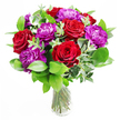 A luxurious bouquet of red roses and purple peonies stands proudly in a clear glass vase, evoking the atmosphere of a stylish Canonbury apartment bathed in gentle afternoon light. The red roses are full and lush, each bloom opened to reveal layer upon layer of velvety petals, the colour rich and romantic, like a classic Valentine's red deepened by shadow. Nestled between these passionate tones are the purple peonies, round and generously ruffled, their petals overlapping in soft, cloud-like formations that move from deep violet at the centre to softer plum at the edges. The contrast between the structured spirals of the roses and the airy, billowing texture of the peonies gives the bouquet a dynamic yet harmonious feel. Surrounding the flowers, fresh greenery forms a vivid backdrop, with broad, glossy leaves catching points of light and smaller, more delicate fronds softening the outline. Sprigs of eucalyptus weave gracefully through the composition, their muted, silvery-green discs adding both a visual coolness and the suggestion of a crisp, refreshing scent. All of this is gathered neatly into a simple cylindrical glass vase, the stems visible in tidy lines and gentle angles, giving the design a clean, contemporary finish. The bouquet looks as if it might be waiting on a table near New River Walk, ready to be presented for an anniversary, a special birthday, or a heartfelt thank-you. The overall mood is one of warmth, celebration, and quiet sophistication, the kind of arrangement that transforms an ordinary corner of a Canonbury home into a place of colour, fragrance, and emotion.