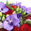 A lavish bouquet in rich purple and crimson tones fills this close-up image, arranged with the kind of precision and flair you'd expect from a seasoned Canonbury florist. At the heart of the design, striking Vanda orchids open wide, their petals awash in lavender, violet, and deep purple hues. Each petal is intricately patterned with darker speckles and veins, giving the flowers a luxurious, almost embroidered appearance. Cradling these dramatic orchids are clusters of deep red roses, their velvety petals tightly wound in perfect spirals that speak of passion, devotion, and timeless romance.

Weaving between these focal blooms are stems of royal purple lisianthus, some fully unfurled with delicately ruffled petals, others still in slender, lime-tinted buds that hint at blossoms to come. The buds introduce a sense of freshness and gentle movement, like the first buds you might notice in spring along Canonbury's tree-lined avenues. Surrounding foliage in rich emerald green frames the flowers, offering structure and a natural, garden-inspired backdrop. Threads of chartreuse filler and tiny berry-like forms are tucked among the petals, adding texture and a subtle brightness that lifts the deeper shades.

Captured in soft, natural light, the arrangement glows with a quiet intensity, each bloom clearly defined yet harmoniously blended into the whole. You can almost imagine running your fingers over the smooth orchid petals and the plush rose heads, or catching the faint, sweet fragrance that such a bouquet would bring into a room. With its opulent palette and carefully balanced design, this composition feels ideal for a romantic gesture-perhaps an anniversary surprise delivered to a home near Canonbury Square-or as an elegant centrepiece for an intimate celebration shared with someone special.