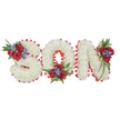 A deeply tender, three-dimensional memorial spelling the word SON in large capital letters, photographed against a soft white backdrop. Each letter - S, O and N - is densely formed from small, snowy-white spray chrysanthemums, their rounded heads packed so closely they create a cushiony, cloud-like surface that reads as purity and calm. Around the edges a bright red satin ribbon is pleated into a scalloped trim that crisply defines each character and gives the composition a polished, classical outline. Three carefully placed accent clusters break the sea of white: the S carries a bouquet tucked into its upper left curve, the O has a compact spray nestled at its bottom centre, and the N bears a trailing cluster along its top right stem. Each grouping pairs velvety, deep-red roses with tall, spiky blue-purple Liatris-like blooms, softened by dark green foliage and delicate fern fronds that trail slightly over the letter edges. In soft daylight the roses read as rich and velvety, the chrysanthemums glow with cool serenity, and the Liatris spikes lend vertical movement and a quiet contrast. The overall effect is one of restrained elegance-traditional sympathy colours of white and red with a hint of blue-purple for depth-designed to convey love, loss and remembrance. As a Canonbury floral maker would explain, this is the kind of bespoke lettering family members choose to stand beside a coffin or at a graveside service: tactile, dignified and handcrafted with steady attention to composition, texture and the gentle scent of fresh blooms in a quiet chapel or funeral parlour near Canonbury Square.