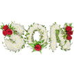 A tender, hand-crafted sympathy tribute spells the word SON in three bold capital letters, each letter formed from a soft carpet of small, pristine white spray chrysanthemums that read as pillows of purity and calm. The chrysanthemums are densely packed, their creamy petals creating a quiet, velvety texture that feels gentle to the eye and suggests a subtle, green-tinged floral perfume-an aroma like early morning in Canonbury Park that soothes rather than overwhelms. Winding through and around the white blooms, glossy ivy vines trace the contours of each letter, their deep green leaves adding a living, evergreen sensibility and a sense of continuity. Deep, velvety red roses punctuate the arrangement with deliberate intimacy: a trio of three full roses nestles into the upper left curve of the S, a single prominent red rose settles at the bottom center of the O framed by soft fern fronds, and another vertical cluster of three roses decorates the right side of the N. The contrast of blood-red against pure white and lush green gives the piece visual weight and an emotional heartbeat-love and remembrance placed with care. The composition is photographed on a clean white background under soft, natural light that highlights the chrysanthemums' texture and the roses' satin sheen, suggesting a respectful setting for a funeral service or graveside tribute. As a local florist familiar with Canonbury, I imagine this tribute carried with quiet dignity to a service near Upper Street or delivered to a family home by Essex Road, offering a tangible expression of grief, honour, and abiding love for a son who will be deeply missed.