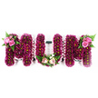 The photograph shows a deeply personal MUM floral tribute, arranged in large, block letters and set against a simple white background that keeps all attention on the flowers. The front of each letter is densely layered with vivid deep pink and magenta blooms, most likely small spray chrysanthemums, each one carefully placed so that the petals form a seamless, textured surface with no gaps. At the center of the flowers, tiny hints of lime-green create a lively contrast, bringing an almost jewelled brightness to the arrangement. The sides of the sturdy letter frames are cleanly finished with a ruffled, light pink ribbon that runs around the entire shape, softening the edges and giving the tribute a refined, feminine outline. Both Ms are adorned at their outer top corners with graceful sprays of lighter pink roses, some fully open, others still in bud, tucked amongst fresh green foliage and feathery fern fronds that fan out gently over the chrysanthemums. At the base of the central U, a small yet meaningful cluster of pale pink roses, creamy white flowers, and greenery rests like a tiny corsage, placed right at the heart of the word. The overall mood is calm, respectful, and tender, echoing the quiet streets and leafy corners of Canonbury where families gather to say goodbye. This is the kind of bespoke memorial design often chosen for a funeral or graveside service in the local area, offering a final, loving tribute to a cherished mum whose memory remains central to family life.