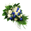 A solemn blue and white funeral spray is presented against a clean white backdrop, its overall shape recalling a soft teardrop or sheaf laid on its side. The eye is drawn first to the roses, arranged with quiet intention: around two dozen blooms, each fully open and velvety, alternate between deep sapphire blue and creamy white. The intense blue petals lend depth and gravity, while the ivory and soft white roses speak of purity and remembrance, together forming a tranquil contrast that feels both contemporary and timeless, much like the blend of old and new along Canonbury's leafy terraces.

These roses are gently threaded with delicate sprays of white baby's breath, whose tiny clustered florets introduce a misty, ethereal quality between the larger blossoms. The flowers rest within a lush cradle of foliage. At the upper left, broad, dark green leaves create a strong, protective base, while bright green fern fronds rise lightly, their feathery edges adding movement and softness. From the lower right, long palm fronds stretch outward and downward, their slender lines defining the elongated silhouette typical of formal funeral tributes, guiding the arrangement into a graceful cascade.

Here and there, muted bluish-green stems resembling eucalyptus slip between the roses, their cooler tone and rounded leaves offering gentle variation without disturbing the calm palette. Decorative green and cream bands, formed from folded foliage or ribbon, wrap through the greenery in well-placed horizontal accents, revealing the skilled hand of a Canonbury florist accustomed to creating personal sympathy flowers for local services in nearby churches, crematoriums, and family homes. The overall effect is one of dignified respect, quiet support, and heartfelt condolence.