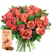 Brimming with vibrancy, this bespoke rose bouquet is a celebration of natural beauty, masterfully arranged by Canonbury's talented floral artisans. Each bloom is a study in warmth and elegance: creamy yellow hearts transition gracefully through soft peach and mellow coral into bold, rosy pink and sunset-salmon on the outermost petals, resulting in a harmonious blend that speaks of romance and festivity. The roses are abundant and densely layered, interspersed with sprigs of deep green foliage, their glossiness catching the light as if just misted at a local market on Camden Passage. Stems are gathered tidily at the base, hinting at careful, professional assembly. To the left, the chic pale beige pouch of Thorntons Orange Crisp chocolates brings a touch of gourmet luxury, its bold logo and inviting truffle illustration facing forward. Just in front of the pouch, a pair of foil-wrapped truffles glisten temptingly, their rich chocolate exteriors promising sweet citrus delight. The neutral white background ensures every nuance of petal and leaf is vividly displayed. Together, the lush roses and indulgent chocolates form a perfect duo - a classic yet contemporary gift suggestion for celebrations, gestures of gratitude, or romantic surprises throughout Canonbury. Available for convenient delivery from the neighbourhood's trusted florists, it's a gift arrangement that brings both visual pleasure and delicious anticipation.